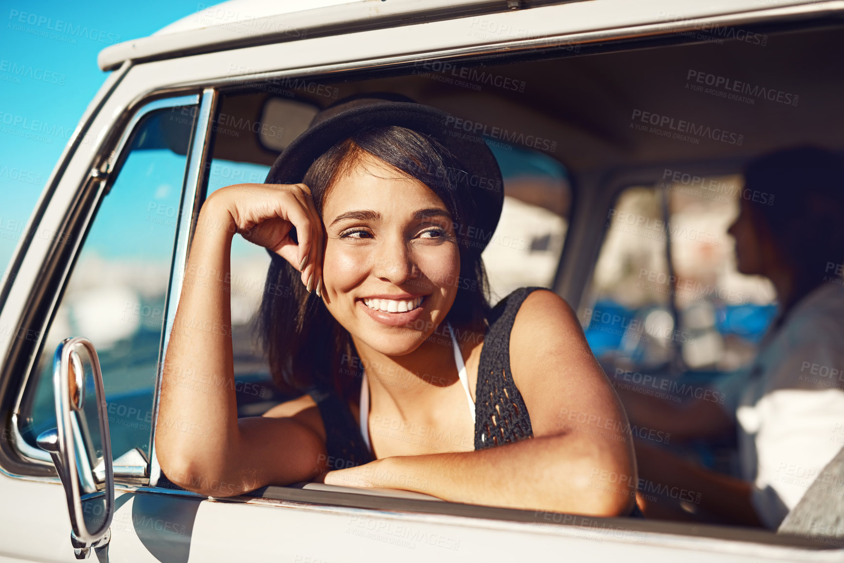 Buy stock photo Woman, van and roadtrip or travelling window, happiness and fun adventure for summer holiday with transport. Vacation, relaxing and female person smiling for journey, weekend break and sunglasses