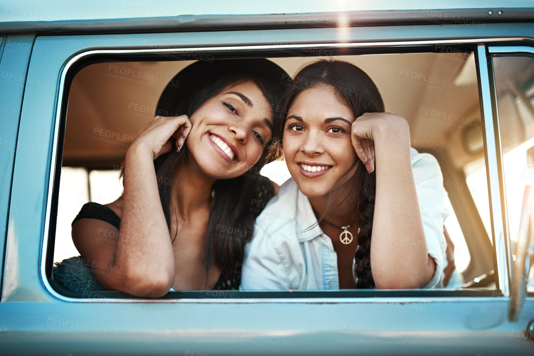 Buy stock photo Women, friends and road trip by window, car and smile for portrait, excited and adventure on holiday. People, travel and transportation for drive with vehicle, happy or highway for vacation in Mexico