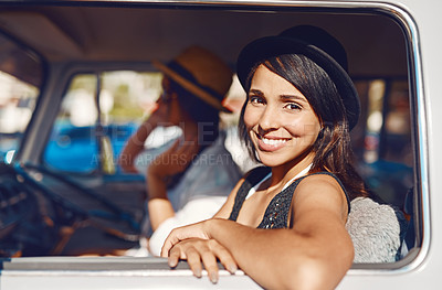 Buy stock photo Portrait, woman and happy in minivan window for drive, travel and road trip for adventure in New York. Female person, car and vacation or holiday on journey for fun, relax or enjoy as passenger