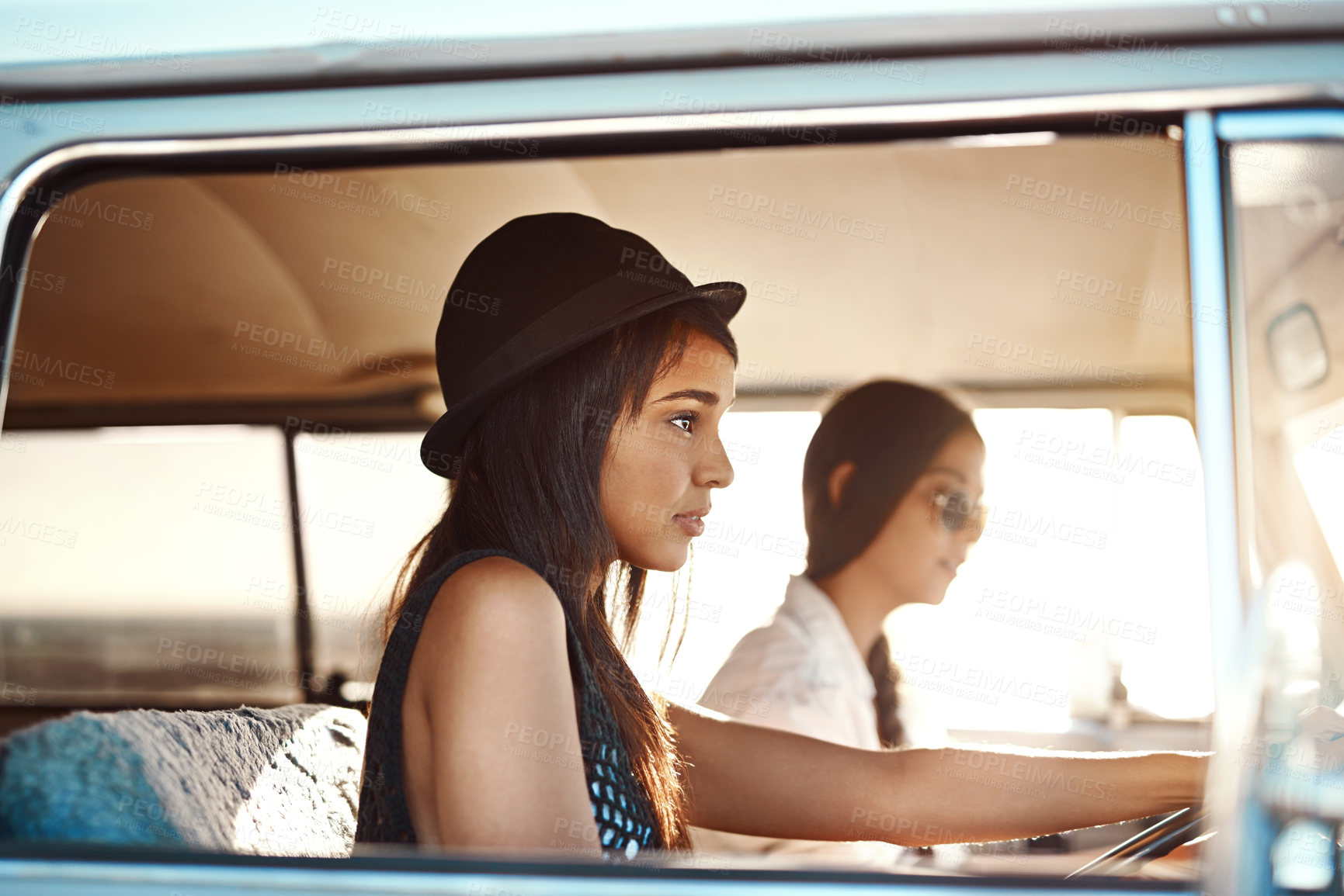 Buy stock photo Girls, drive and road trip in minivan as tourist on adventure, journey and vacation in Greece. Female people, happiness and excited for sightseeing, outdoor and fun for holiday, destination or travel
