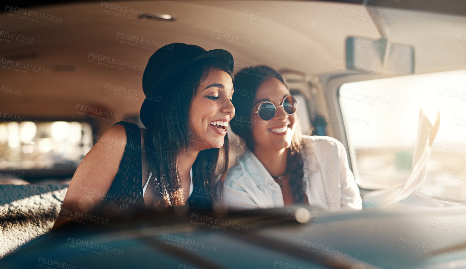 Buy stock photo Women, travel and road trip in minivan with map on adventure, journey or vacation in Greece. Female people, happiness and excited for sightseeing, outdoor and tourist on holiday, destination or drive