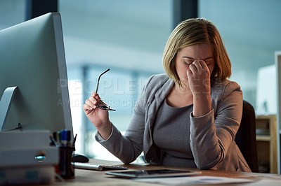 Buy stock photo Stress, headache and business woman in office, tired or fatigue while working late at night on computer. Burnout, migraine and female person with depression, anxiety or brain fog, pain and sick.