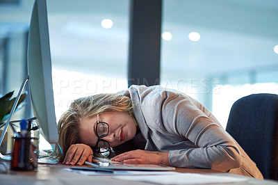 Buy stock photo Business woman, desk or sleeping at night with burnout in stress, anxiety or depression at office. Tired female person or employee asleep after working late for rest, break or overworked at workplace