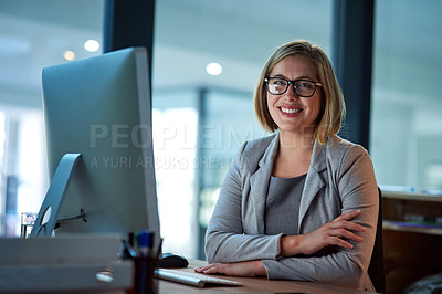 Buy stock photo Professional, lawyer or woman in portrait with computer, case research and confidence with smile. Office, female attorney and desktop for corporate firm, legal service and labor law employee at night