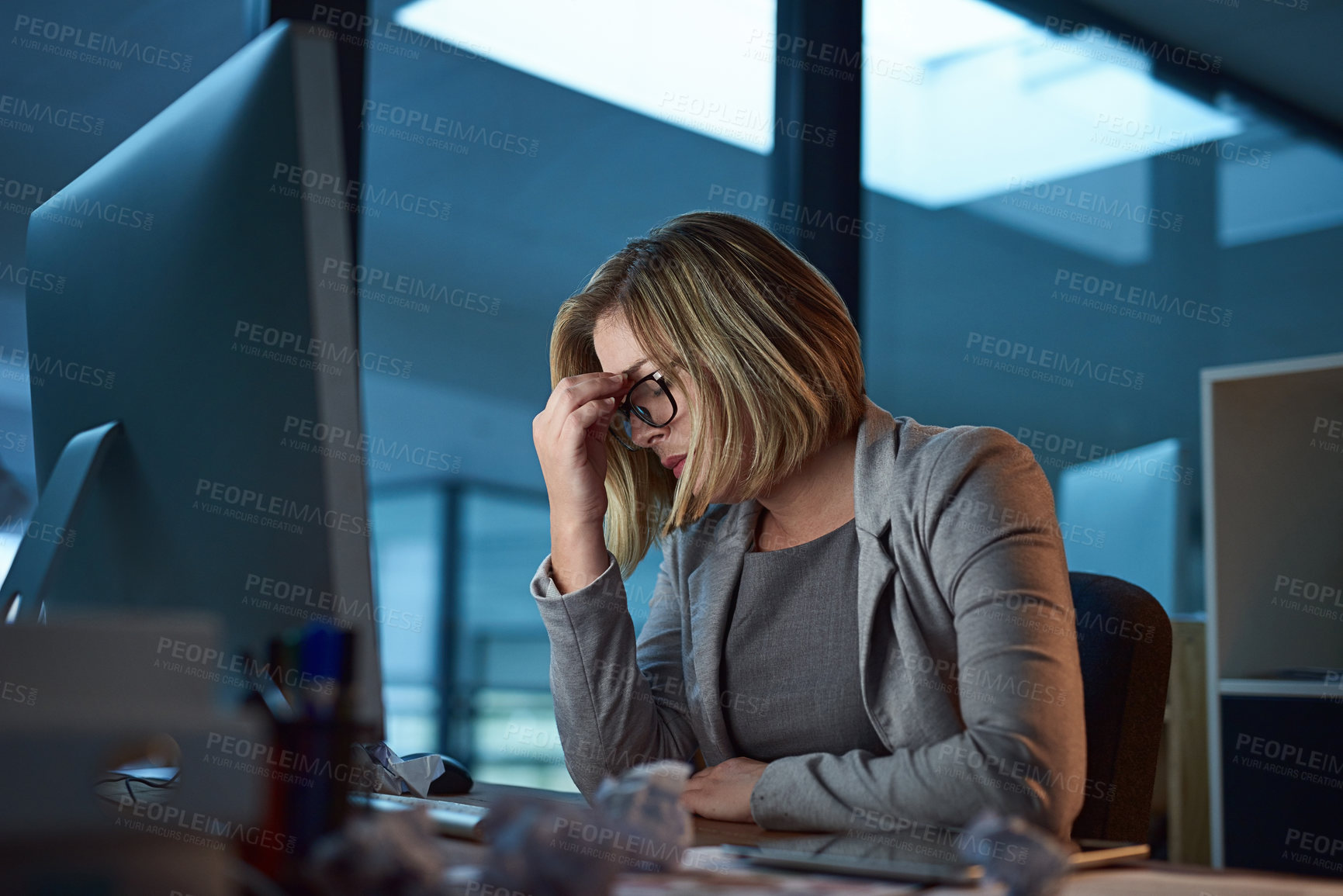 Buy stock photo Headache, burnout and business woman in office, tired or fatigue while working late at night on computer. Stress, migraine and female person with depression, anxiety or brain fog, sick and deadline.