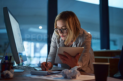 Buy stock photo Business, writing and woman with tablet, pc and planning for legal project, brainstorming and research. Lawyer, consultant and employee with computer, technology and notebook with idea for case notes