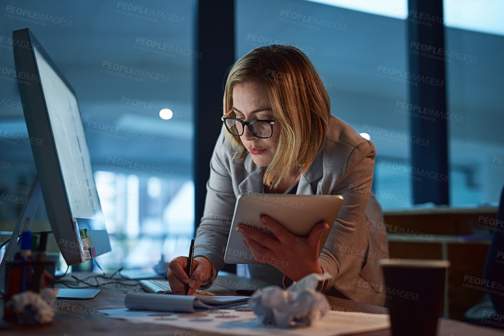 Buy stock photo Business, writing and woman with tablet, pc and planning for legal project, brainstorming and research. Lawyer, consultant and employee with computer, technology and notebook with idea for case notes