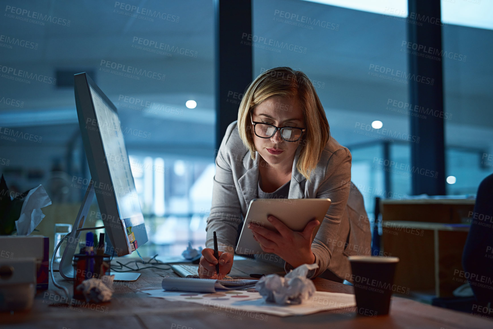 Buy stock photo Business, writing and woman with tablet, tech and night planning for legal project, brainstorming and research. Lawyer, consultant and employee with pc, computer and notebook with idea for case notes