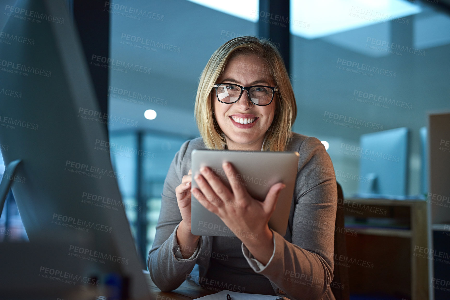 Buy stock photo Woman, employee and happy with tablet in office for internet, online and research for ideas. Female person, smile and portrait in confidence for career or job opportunity, growth and proud as hr