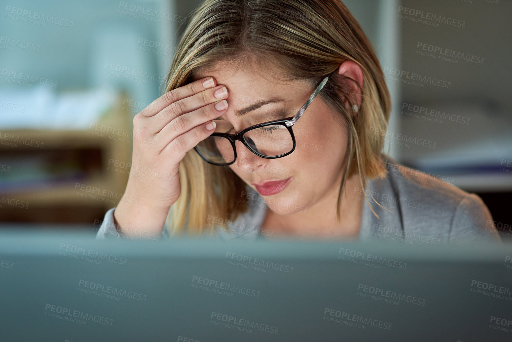 Buy stock photo Frustrated woman, headache and night with stress in financial crisis, anxiety or burnout at office. Female person or business employee with migraine in depression, debt or working late for deadline