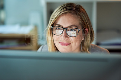 Buy stock photo Glasses, working and business woman on a computer or reading for a project deadline or editor and in an office. Research, email and content plan or revision or review and writing online publication