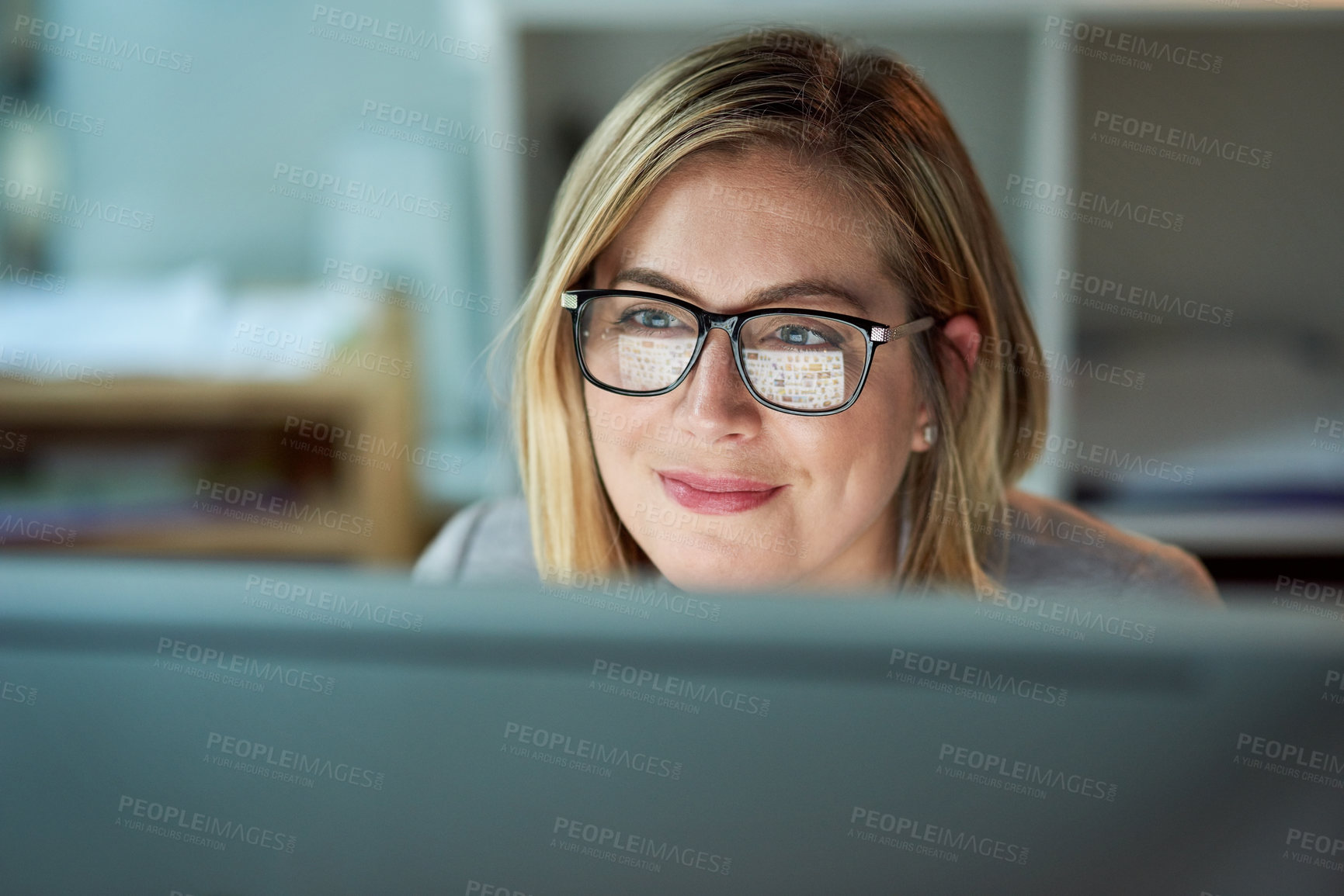 Buy stock photo Glasses, working and business woman on a computer or reading for a project deadline or editor and in an office. Research, email and content plan or revision or review and writing online publication