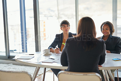 Buy stock photo Meeting, recruitment or woman in job interview with in office for salary negotiation, talking or questions. Explaining, chat or applicant speaking to hr manager for hiring opportunity in discussion