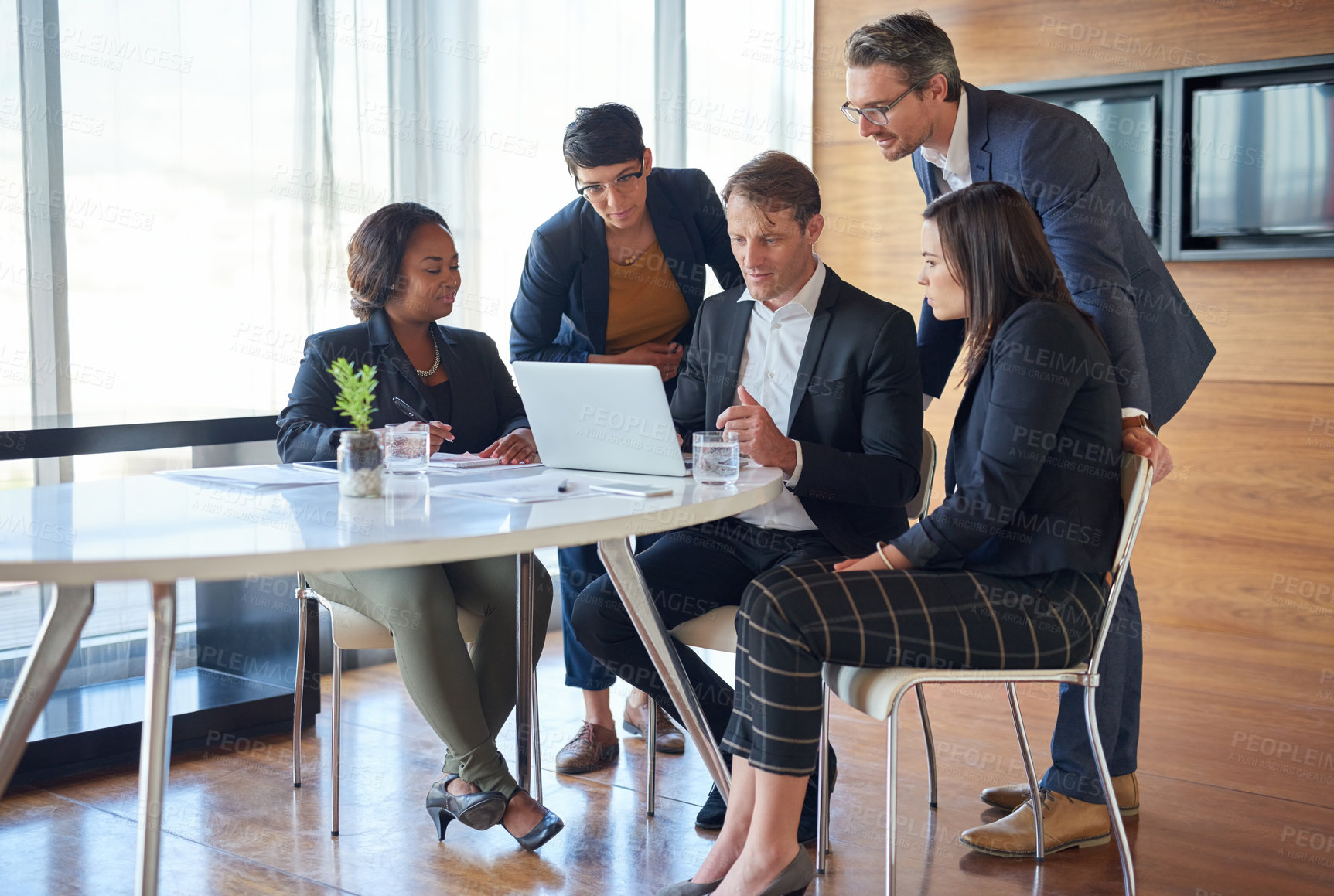 Buy stock photo Meeting, teamwork and business people in discussion in the office with a laptop for accounting planning. Collaboration, technology and group of accountants working on a finance project in workplace.