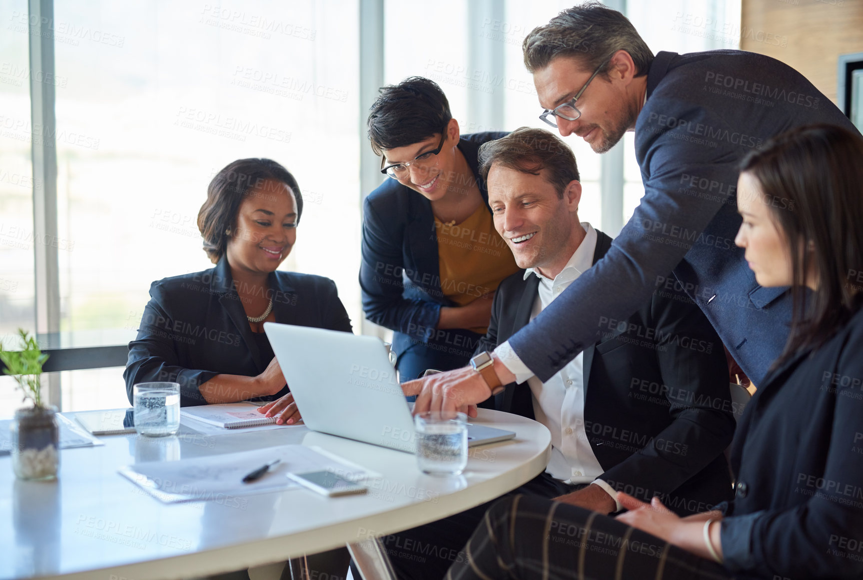 Buy stock photo Business, people and happy on laptop in boardroom with strategy or idea on project, teamwork and collaboration. Employee, discussion and office in conversation as partners and plan as accountants