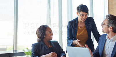Buy stock photo Business, meeting and people in conversation or working in corporate, legal discussion or lawyer in partnership. Leadership, team and collaboration on computer or planning, company and management