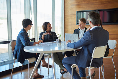 Buy stock photo Business, meeting and discussion with teamwork or strategy at company for success with project. Professional, group and conversation on conference room for brainstorming for a partnership at office.