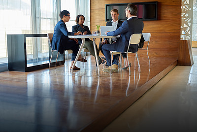 Buy stock photo Professional, teamwork and conversation with strategy in conference room with manager at office. Discussion, business and group with meeting or brainstorming or planning at company for project.   