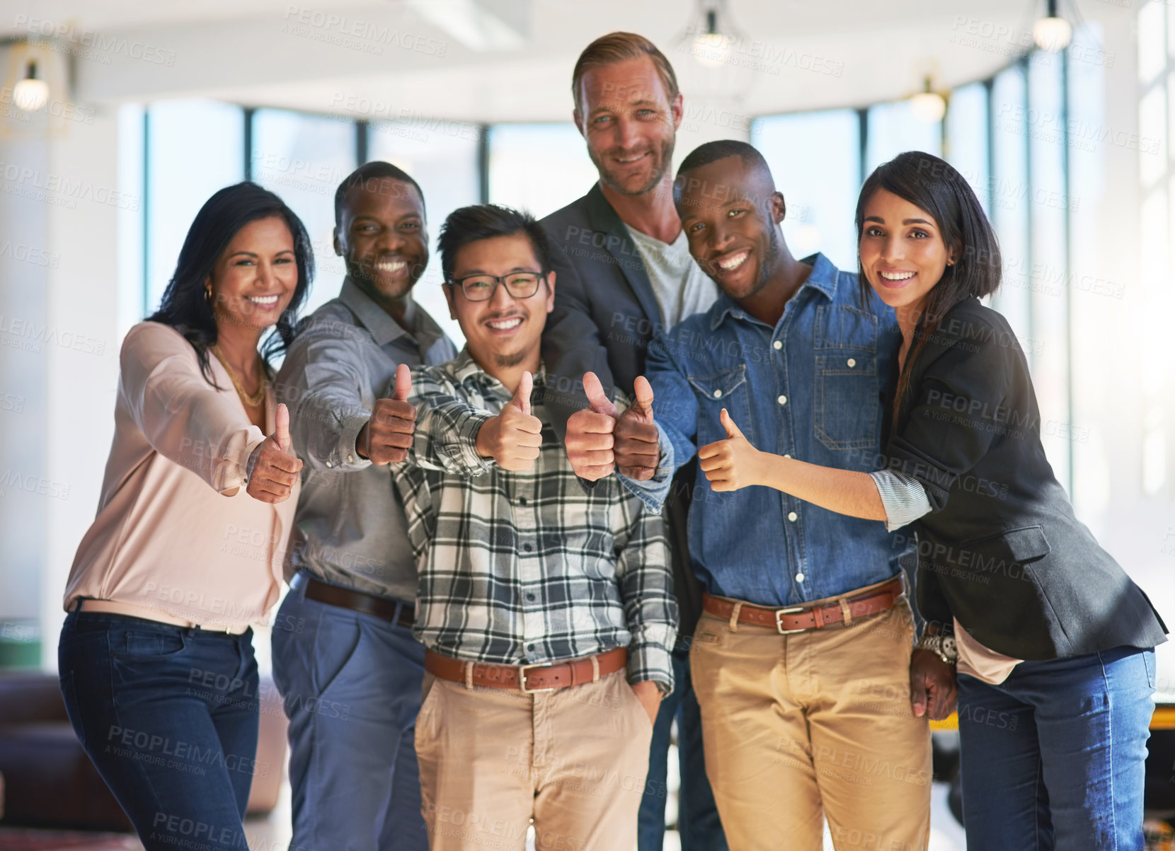 Buy stock photo Business people, team and thumbs up with portrait in office for good job, project success and reputation growth in creative agency. Designers, hand gesture and yes sign for agreement or recognition.