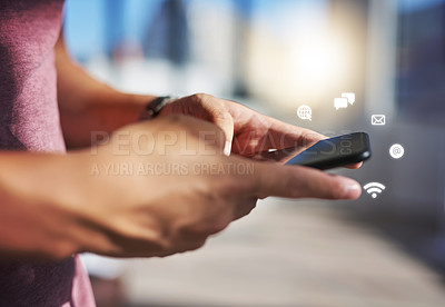 Buy stock photo Cropped shot of an unidentifiable young man using an app on his smartphone