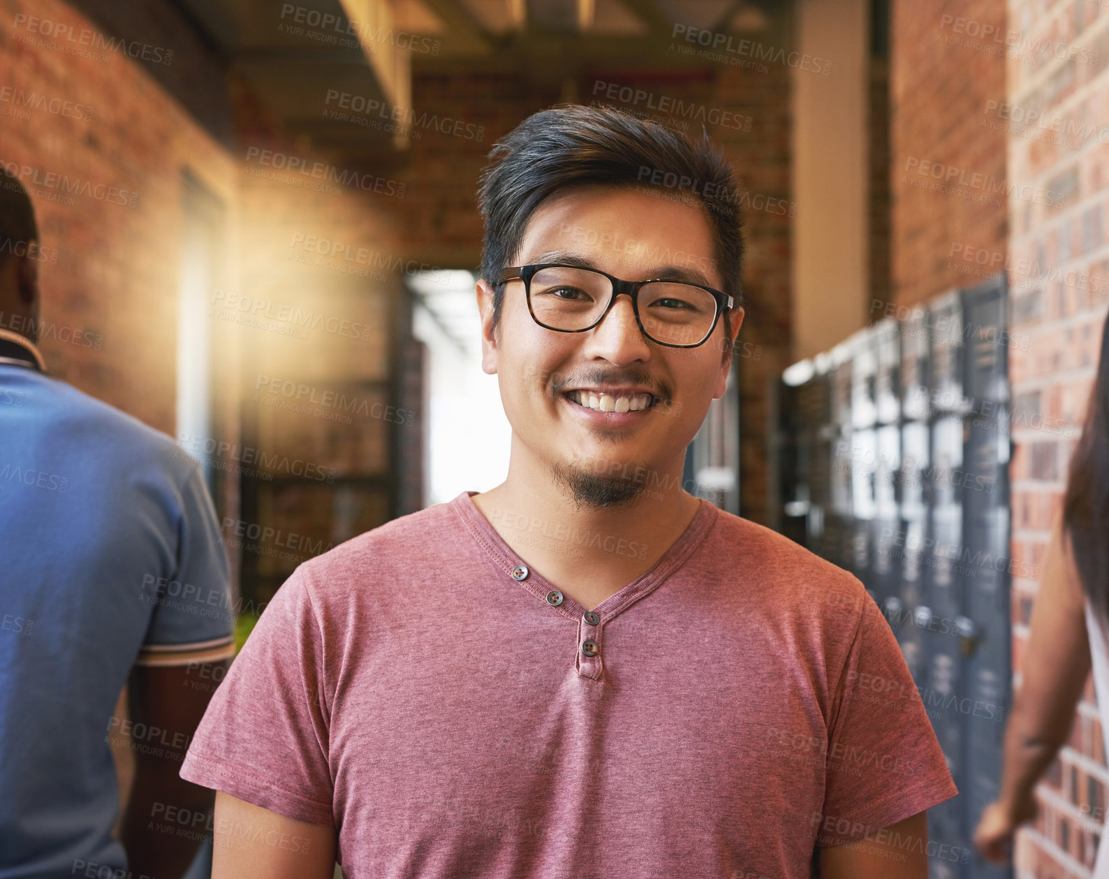 Buy stock photo Asian man, portrait and smile in university with glasses for education, college and positive attitude. Student, face and happy in school hallway with confidence for scholarship, study and learning