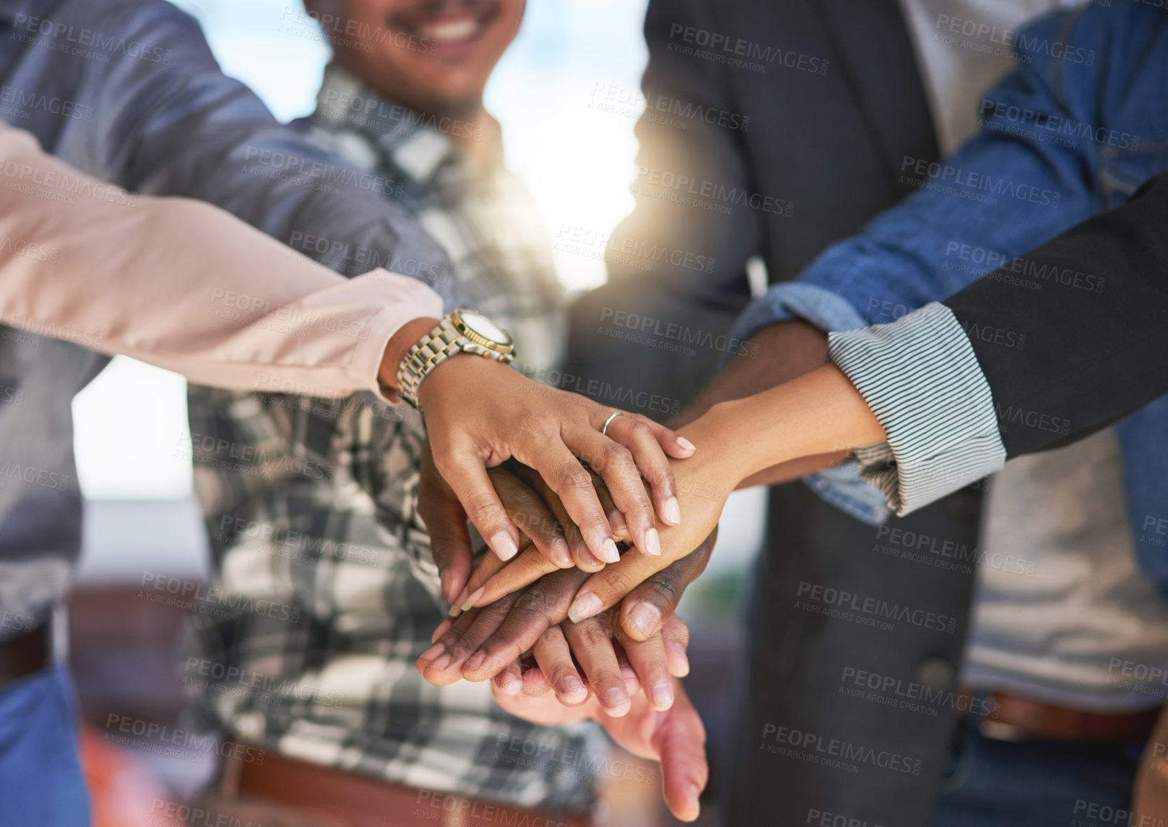 Buy stock photo Business people, hands and together in office for teamwork or goal achievement, synergy and group effort for task success. Workforce, huddle and motivation with support, diversity and collaboration.