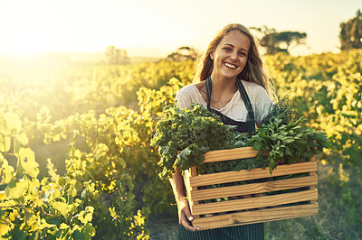Buy stock photo Shot of a young woman holding a crate full of freshly picked produce on a farm