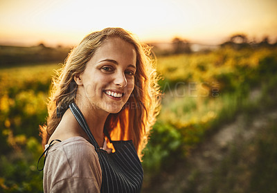 Buy stock photo Portrait of a happy young woman working on a farm