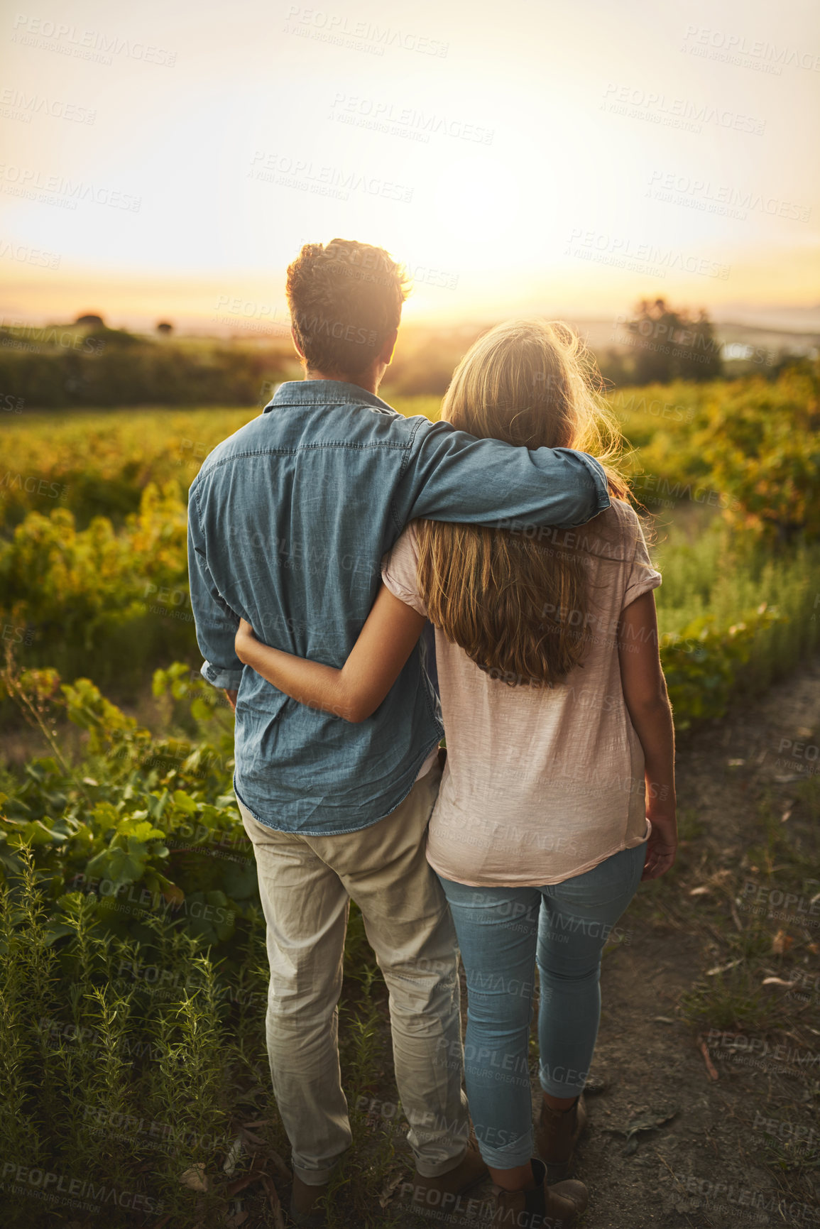 Buy stock photo Shot of a young couple walking through their crops while holding each other and looking into the horizon