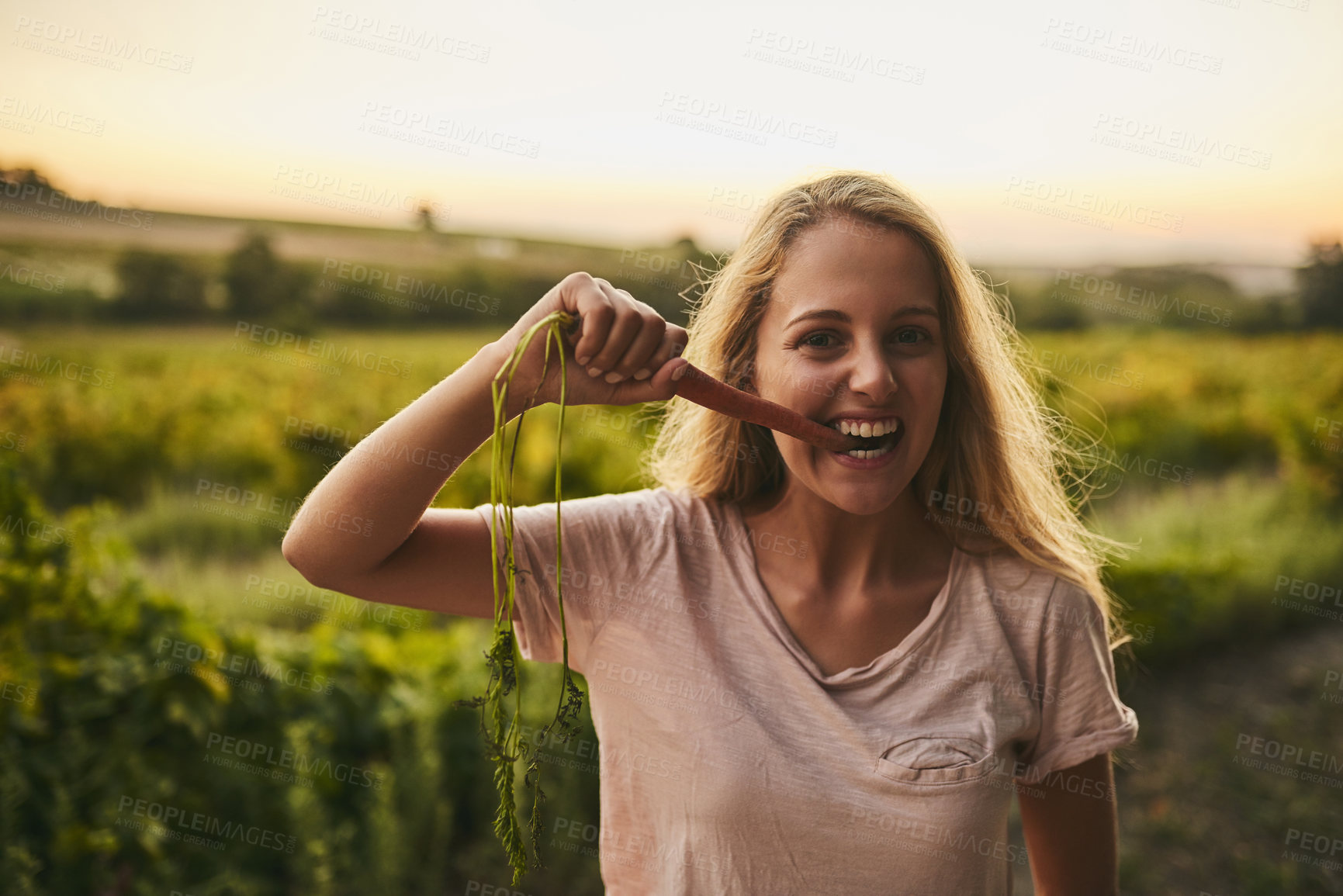 Buy stock photo Shot of a young woman holding up a carrot and taking a bite with her farmland in the background