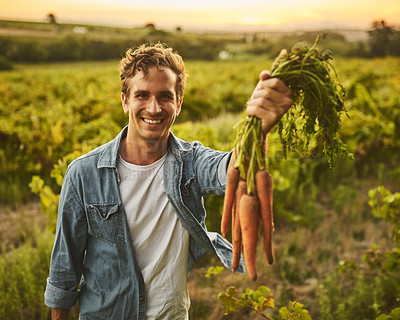Buy stock photo Shot of young man holding a bunch of carrots and smiling with his farm in the background