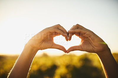 Buy stock photo Woman with love hand sign, nature and sunshine, sustainability and eco friendly earth care and natural farm landscape. Conservation, sustainable agro farming and heart hands, emoji and green fingers.