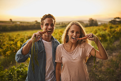 Buy stock photo Shot of a young couple each holding up a carrot and taking a bite with their crops in the background