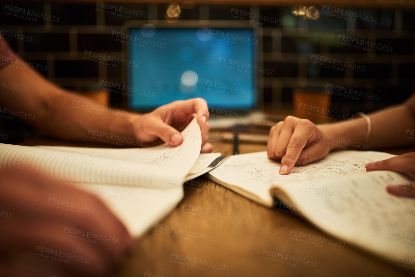 Buy stock photo Notes, student and studying with tutor, hands and reading of book for exam in library of college. Closeup, people and help for project on literature in university, campus and knowledge of education