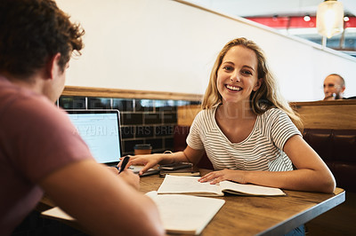 Buy stock photo Students, portrait and study notes in cafe for assessment review, examination and academic homework for university. Man, girl and notebook with laptop for revision session, knowledge and education.