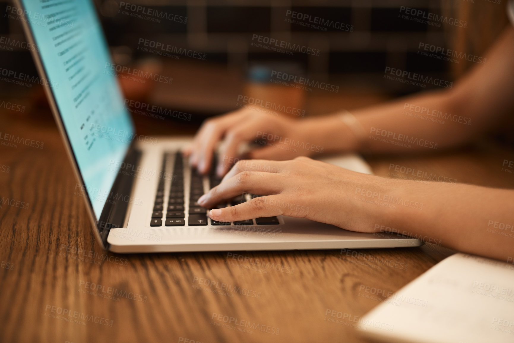 Buy stock photo Hands, typing and laptop on table for idea, planning and online research or communication. Person, technology and fingers on keyboard for remote working, studying or internet news and social media