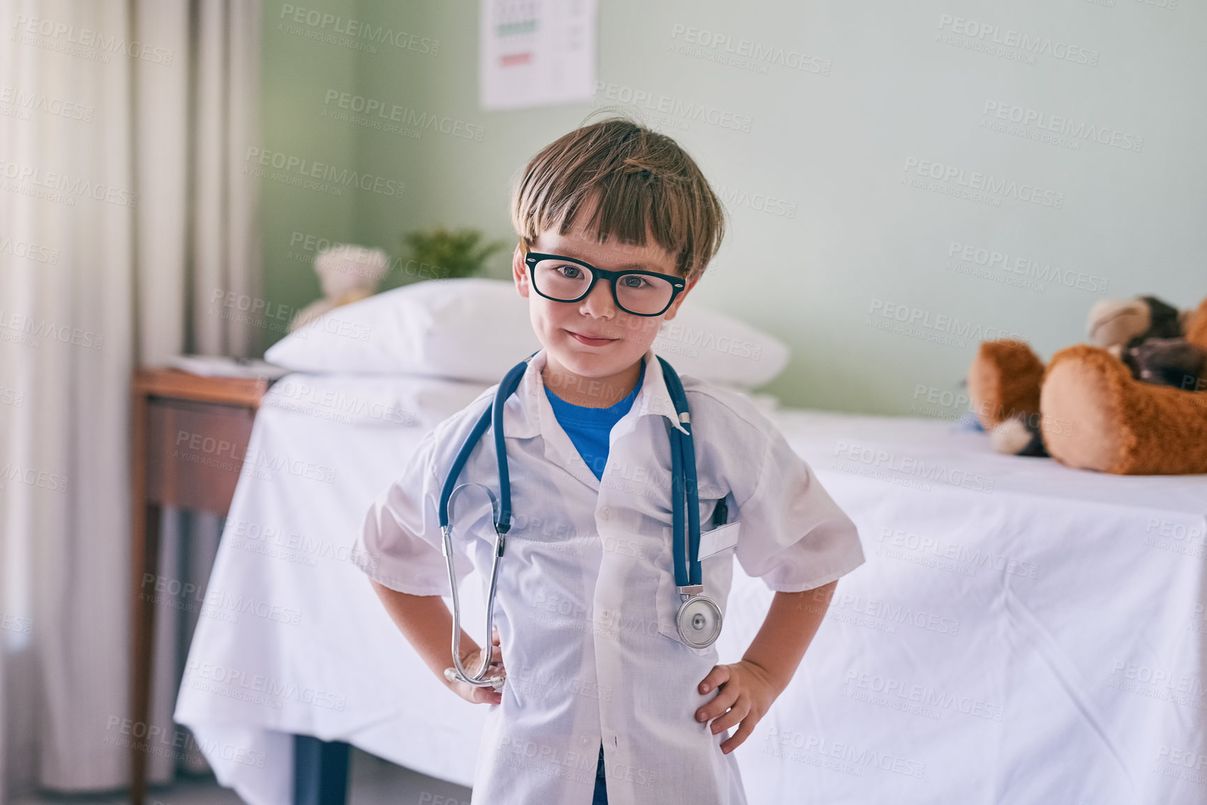 Buy stock photo Boy, child and doctor with happy portrait for young physician, confident and future career in medicine or healthcare. Kid, glasses and educational roll play for growth or development and medical.