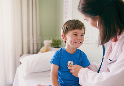 Buy stock photo Doctor, child and stethoscope in hospital for healthcare, health and wellness with medical exam. Female pediatrician, assessment and patient in clinic for heart, lungs and cardiology with breathing