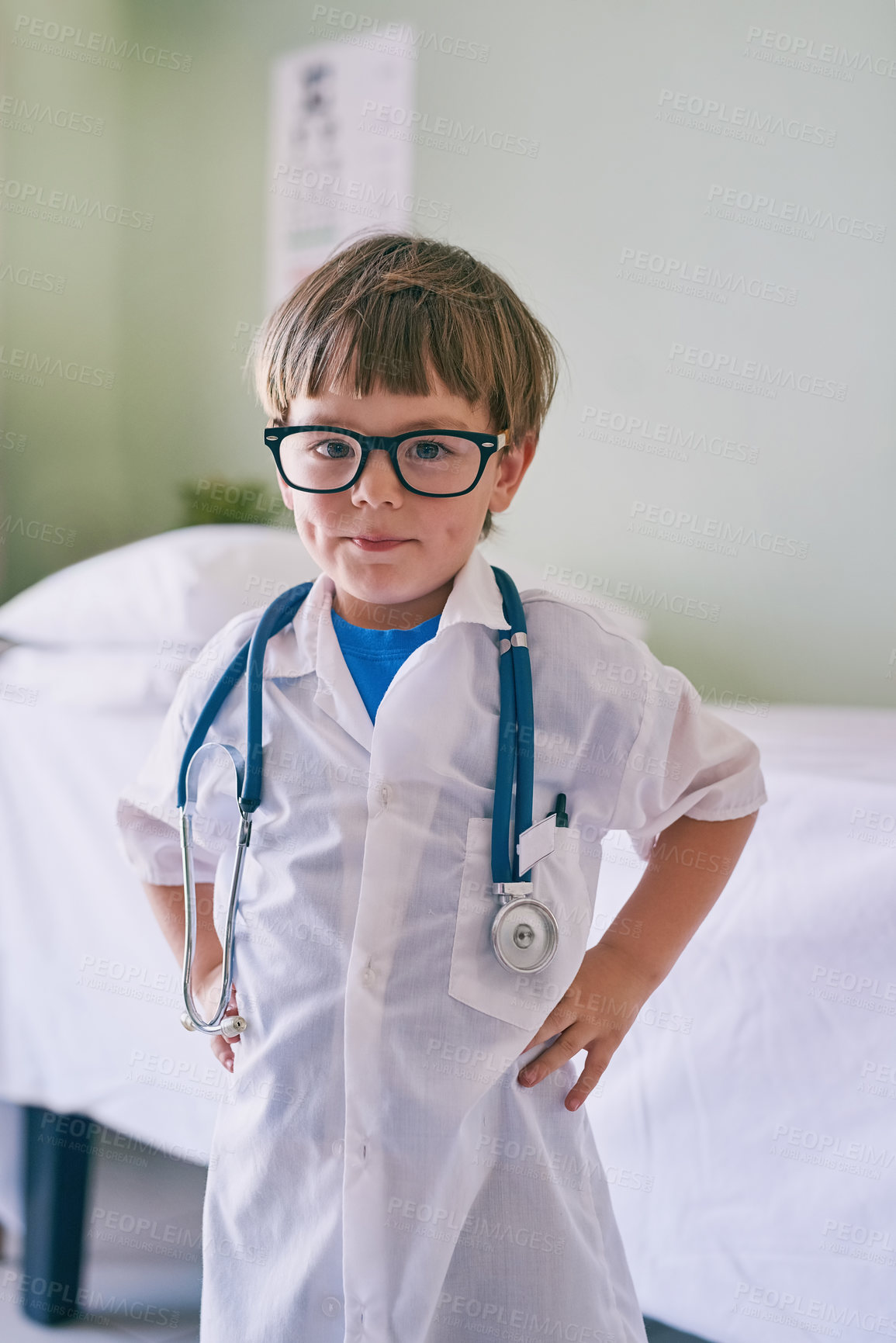 Buy stock photo Boy, child and smile for doctor portrait for young physician, confident and future career in medicine or healthcare. Kid, glasses and educational roll play for growth or development and medical.