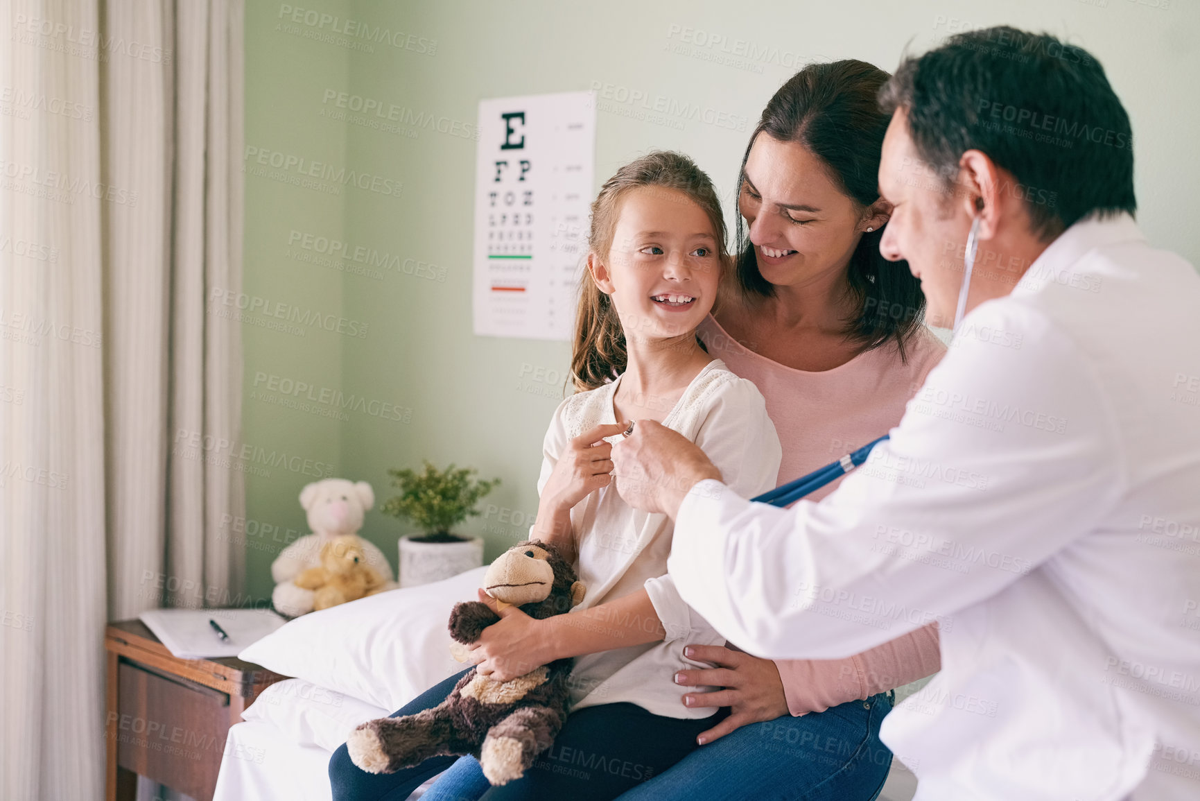 Buy stock photo Stethoscope, healthcare and doctor with mom and child for consultation on chest infection with flu. Teddy bear, medical help and pediatrician with mother and girl kid patient for checkup at clinic.