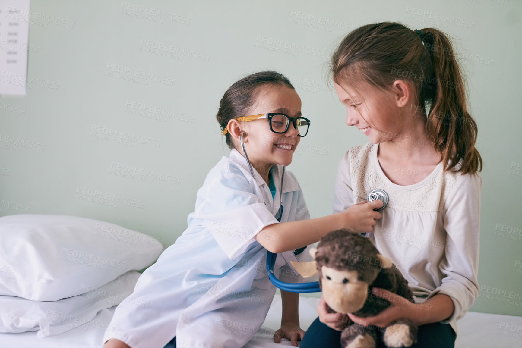 Buy stock photo Girls, play and doctor with happiness, kids and fun with game, fantasy and cheerful with stuffed toy. Joyful, children and medical with weekend break, vacation and career choice for development