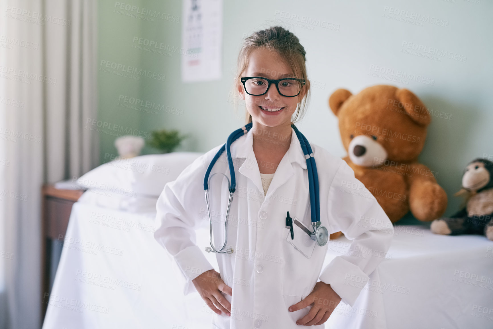 Buy stock photo Girl, child and confident doctor with portrait for young physician, happy and future career in medicine or healthcare. Kid, glasses and educational roel play for growth or development and medical.