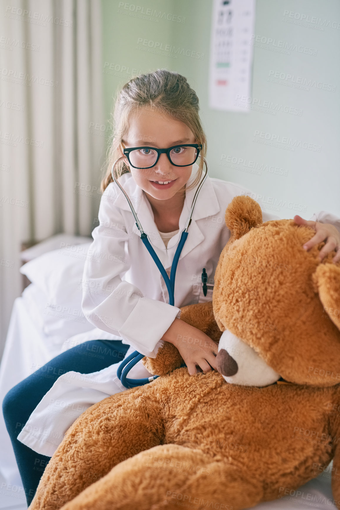 Buy stock photo Girl, child and doctor with portrait or teddy bear for listen with stethoscope, educational and roll play for development or growth. Kid, happy and future career in cardiology or medicine and medical