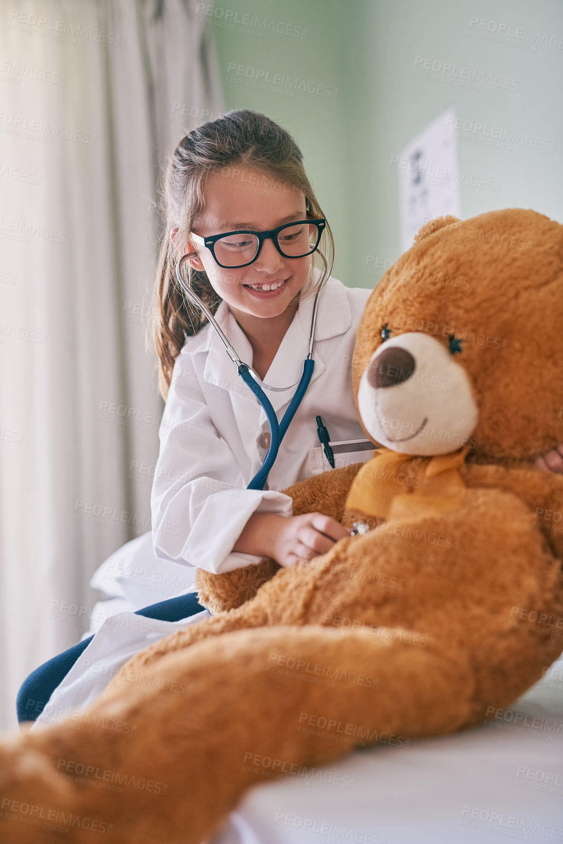 Buy stock photo Girl, kid and doctor listening with teddy bear or stethoscope, educational and play game for development or growth. Child, happy and future career in cardiology or medicine, medical and healthcare