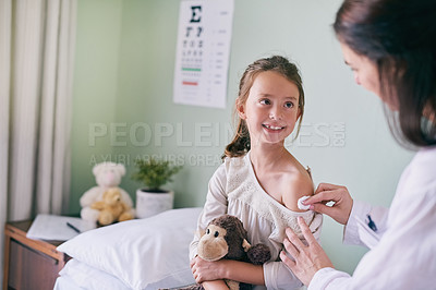 Buy stock photo Healthcare, children and a girl at the pediatrician for an appointment or checkup in the hospital. Medical, covid and vaccine with an adorable little female child sitting on a bed in the clinic