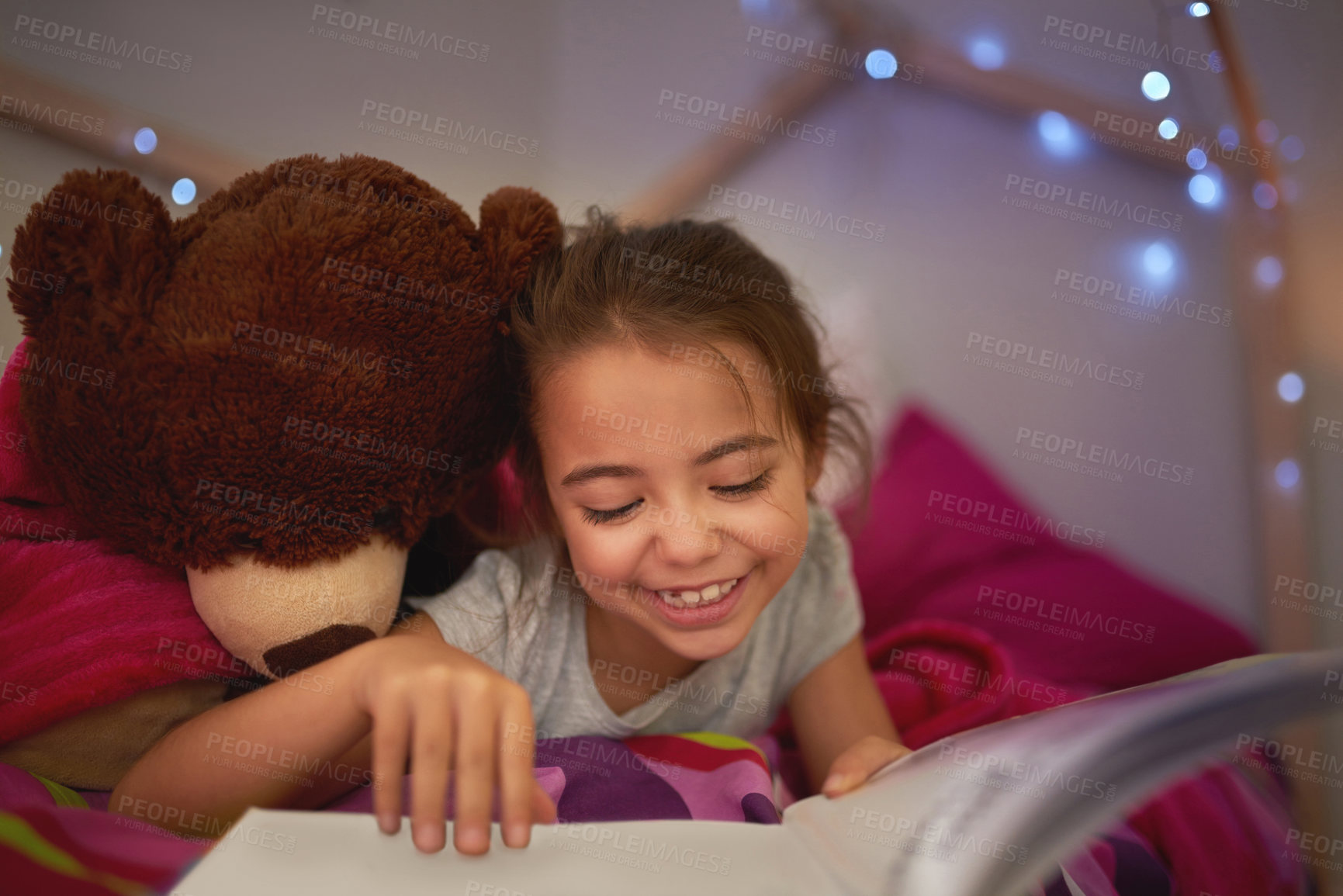 Buy stock photo Learning, happy kid and reading book with teddy bear in bedroom for education, development and creative knowledge. Girl child, fairytale and studying fantasy story, information and hobby in home