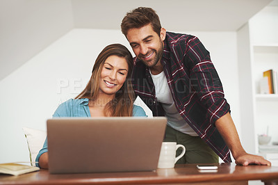 Buy stock photo Couple, laptop and working together in home for small business as family, dropshipping and collaboration. Man, woman and technology in house for startup, affiliate marketing and subscription box