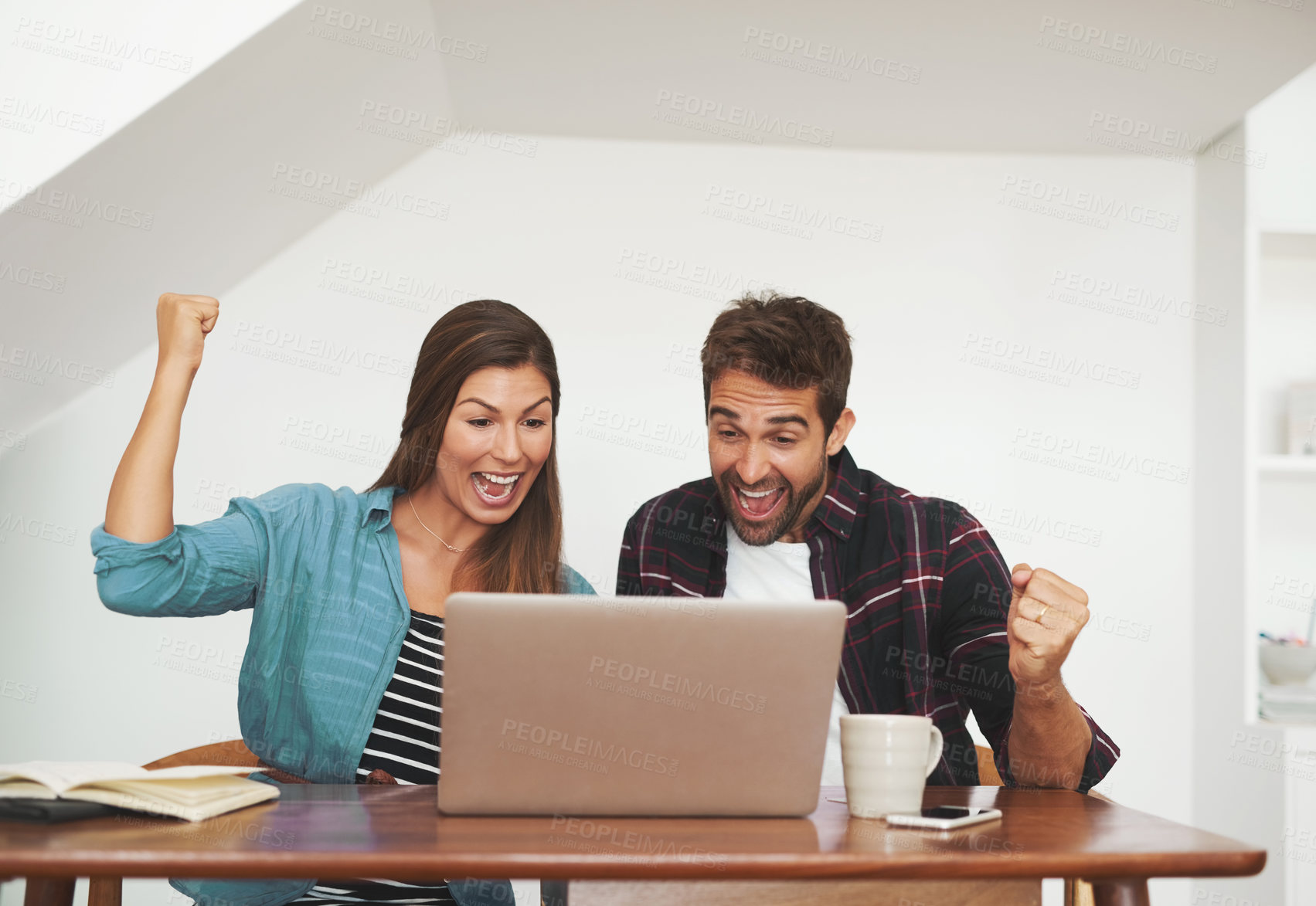 Buy stock photo Couple, happy and celebration in home office with laptop for sales target, small business growth and startup achievement. Partnership, shout and technology with positive result, milestone and success