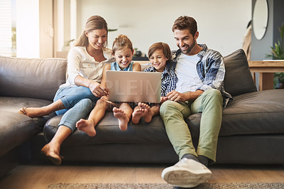 Buy stock photo Family, laptop and kids with parents on a living room sofa with education game online. Mom, dad and young children together with bonding, parent care and love in a house watching a video on computer