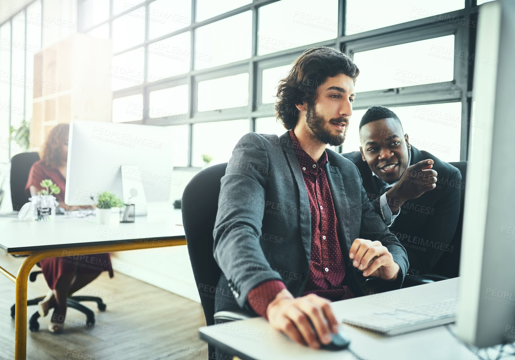 Buy stock photo Computer, businessman and diversity in office in coworking in digital agency as brand designer. Male people, smile and tech as colleagues, working and together for teamwork, collaboration or deadline